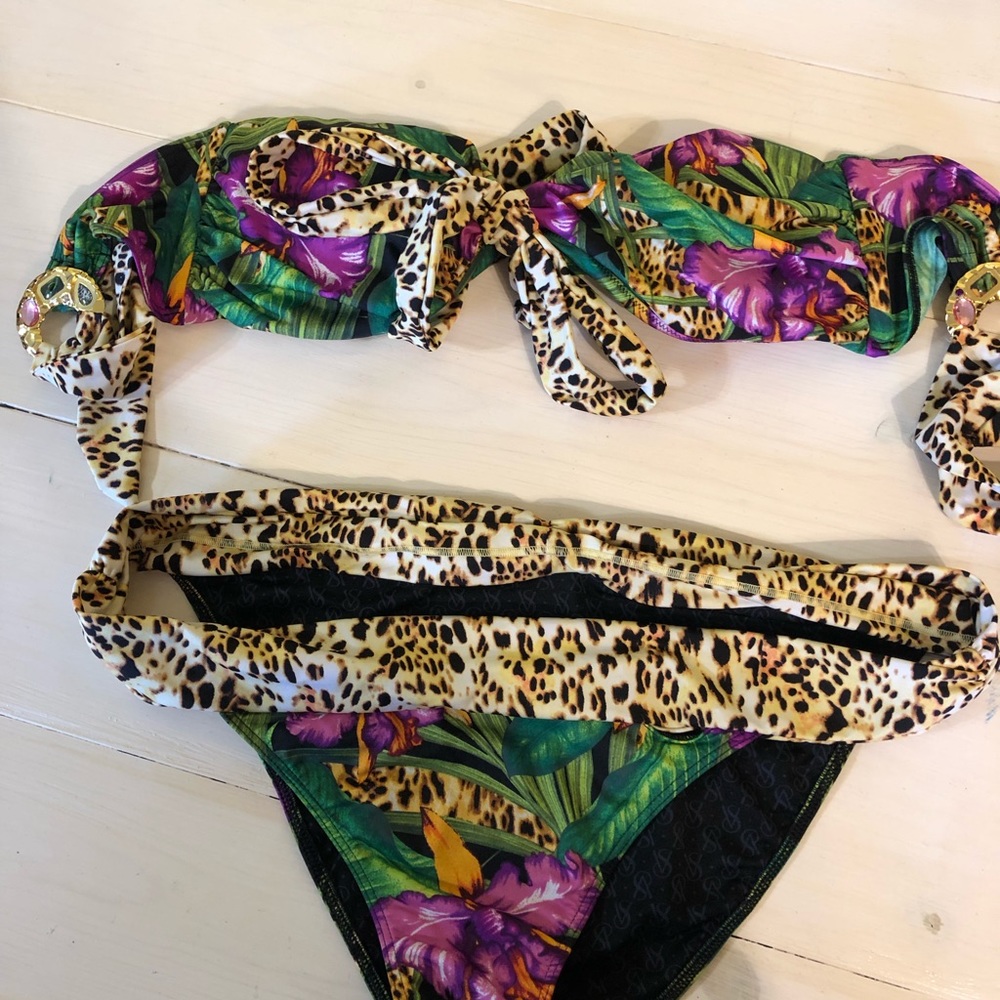 Tropical Leopard Print Bandeau Bikini - Purple & Green